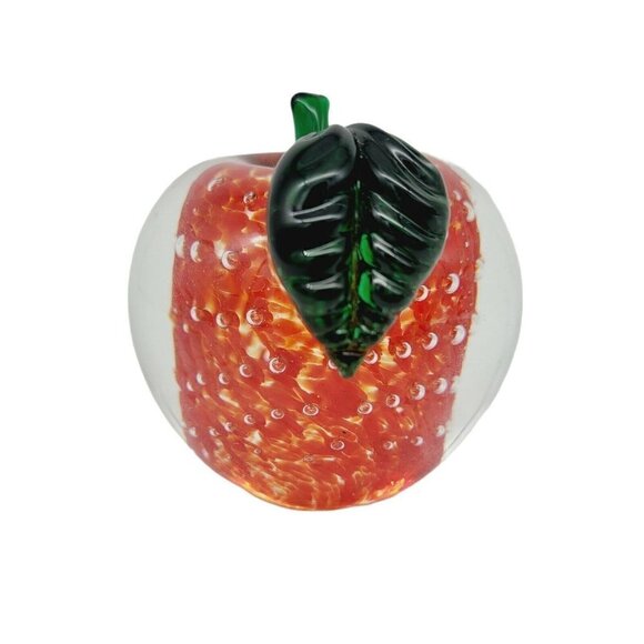 Lenox Art Glass Apple Paper Weight Controlled Bubbles Clear Red Teacher Gift - Picture 2 of 5